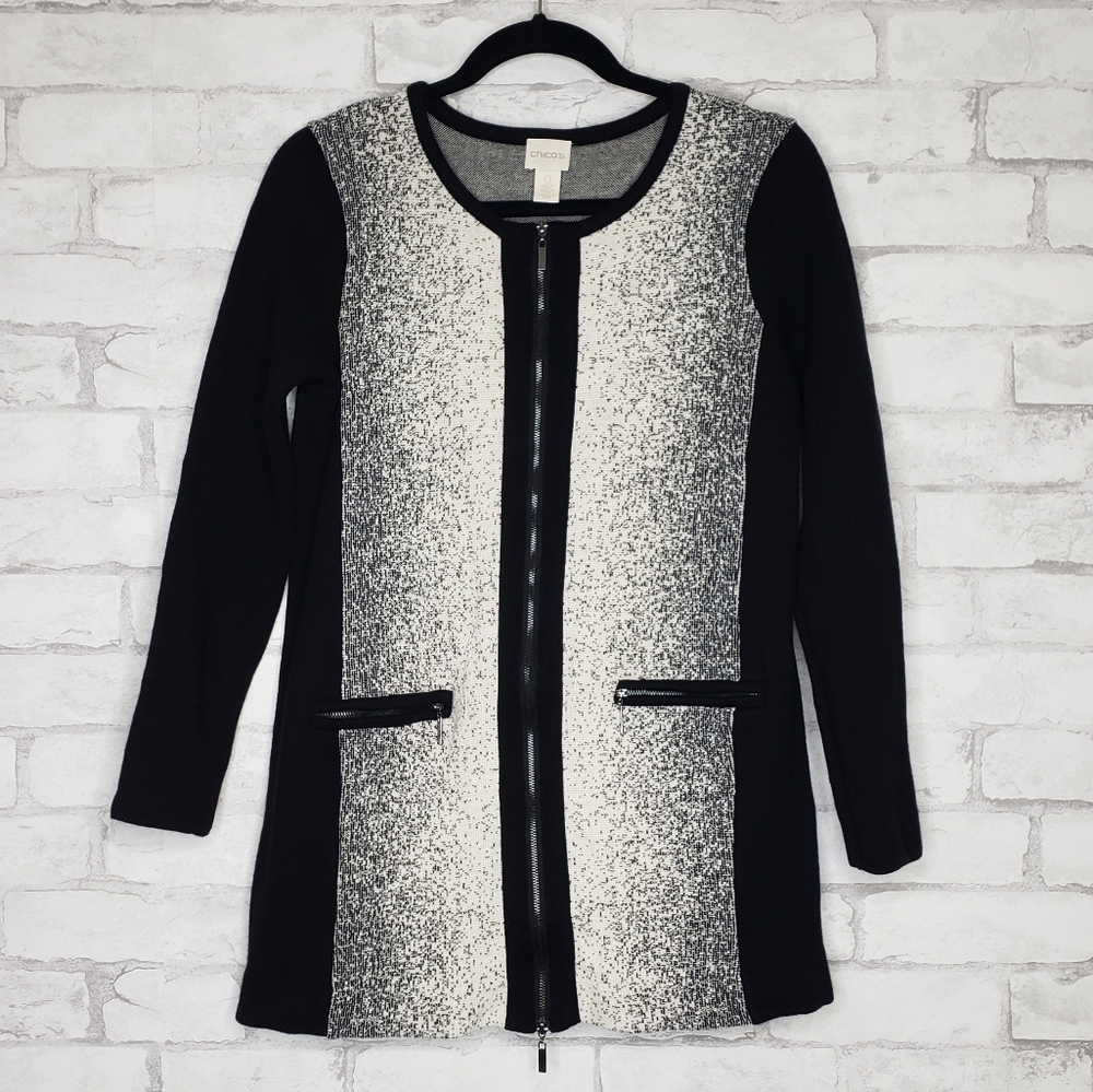 Chico's Ombre Zip Up Cardigan Black White size 0